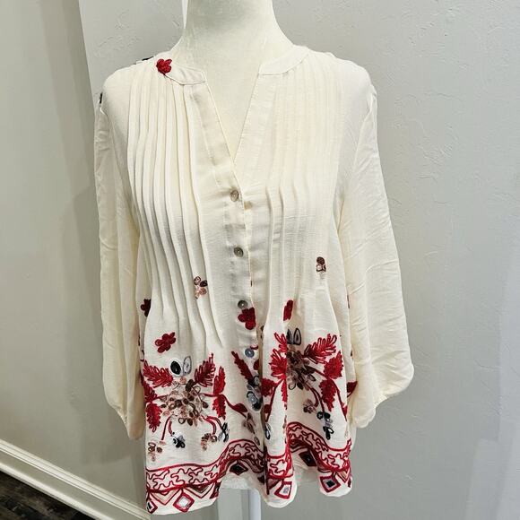 fig and flower Tops - Fig & Flower Women’s Top S Boho, Cream w/flowers Tunic (A0129)